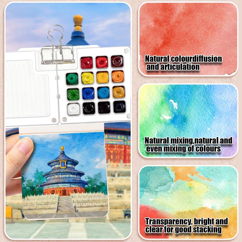 F'DIARY Mini Travel Watercolor Set Pocket Artist Watercolor Travel Set Grid Palette Box Sketch Book With Binder Clips Art Painting Kits For Painters Artists Students - Image 3